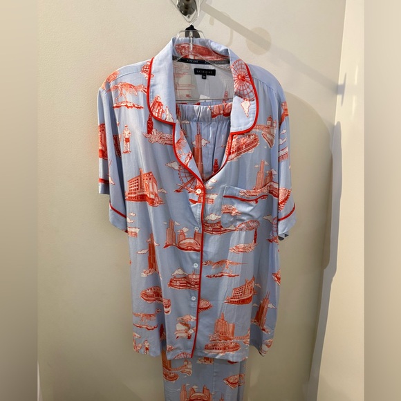 Katie Kime Chicago Toile Pajama Set Blue Red Print 3XL Luxury Sleepwear - Picture 5 of 10